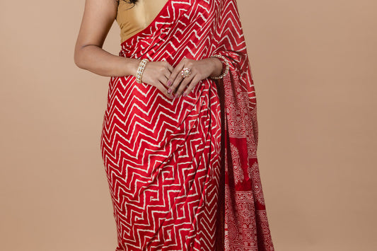 red ajrakh saree
