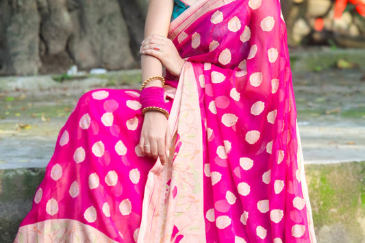 pink polka dot saree