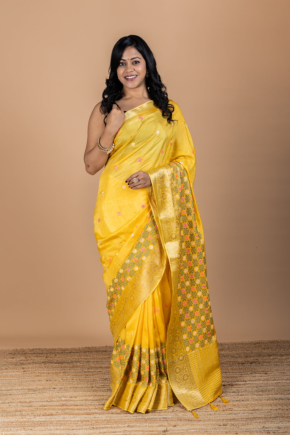 Yellow Saree with Intricate Threadwork and Zari border