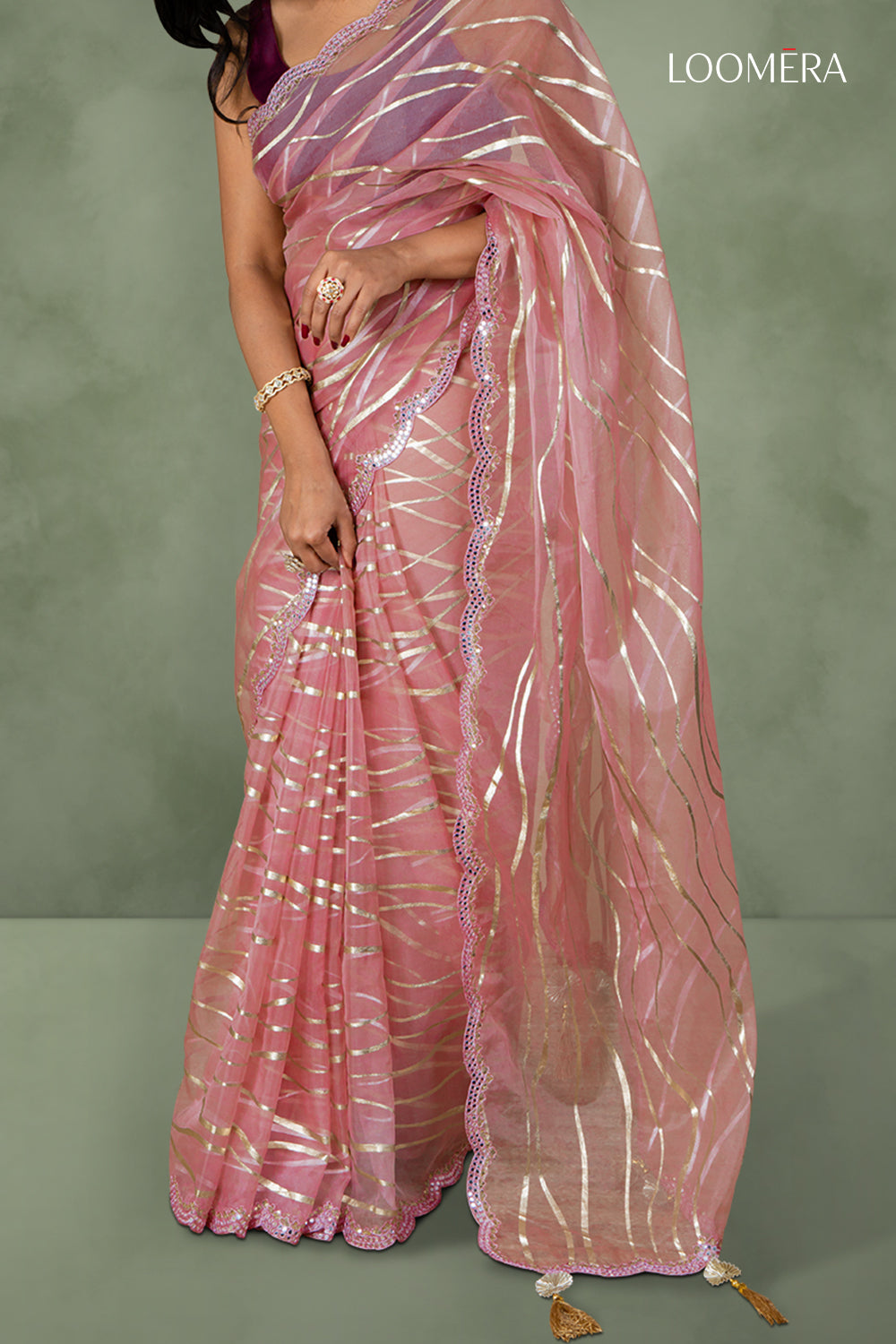 Rose Pink Foil Print Organza Saree with Mirror Scallop Border