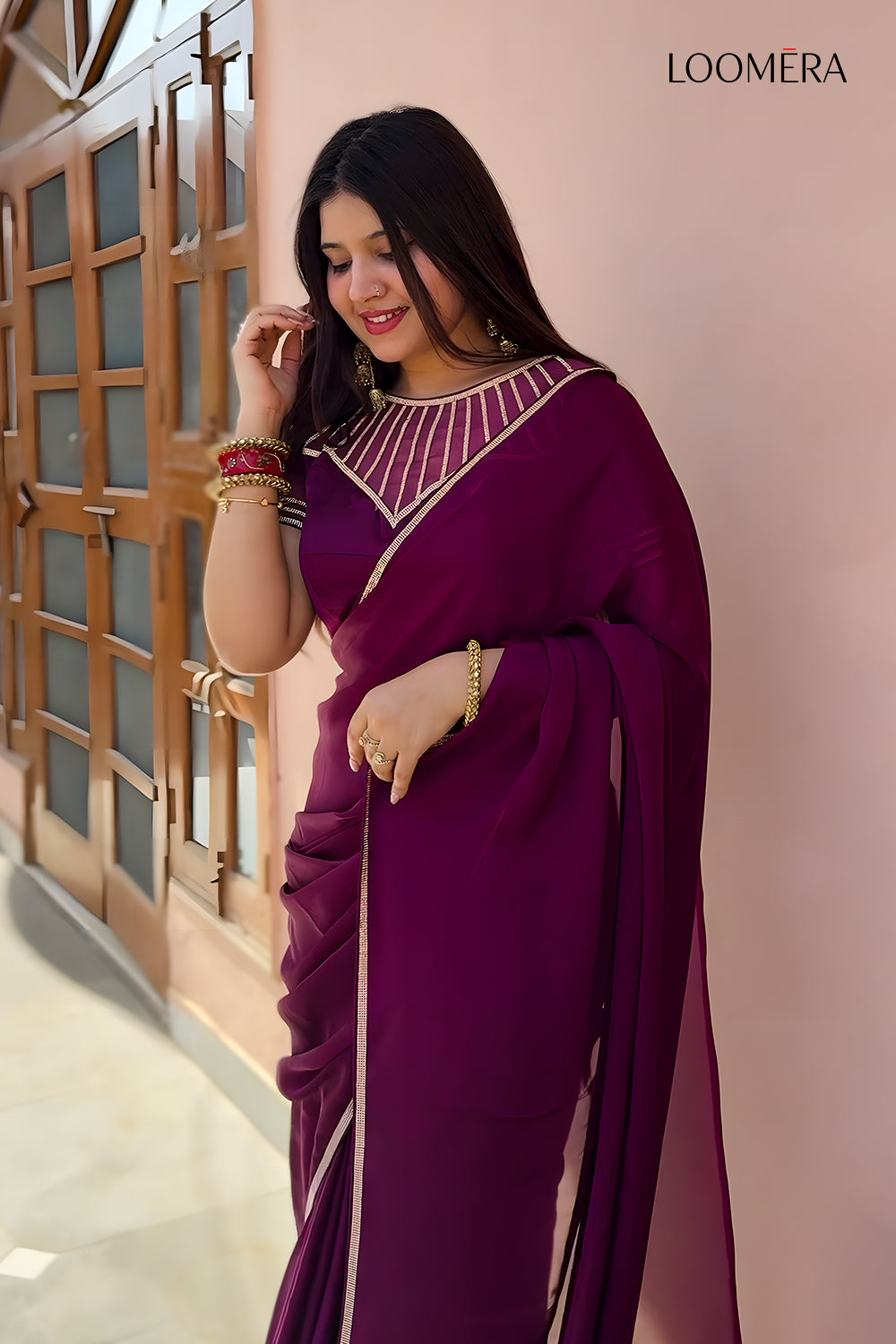 Purple Satin Saree with Stone Work and Readymade Blouse