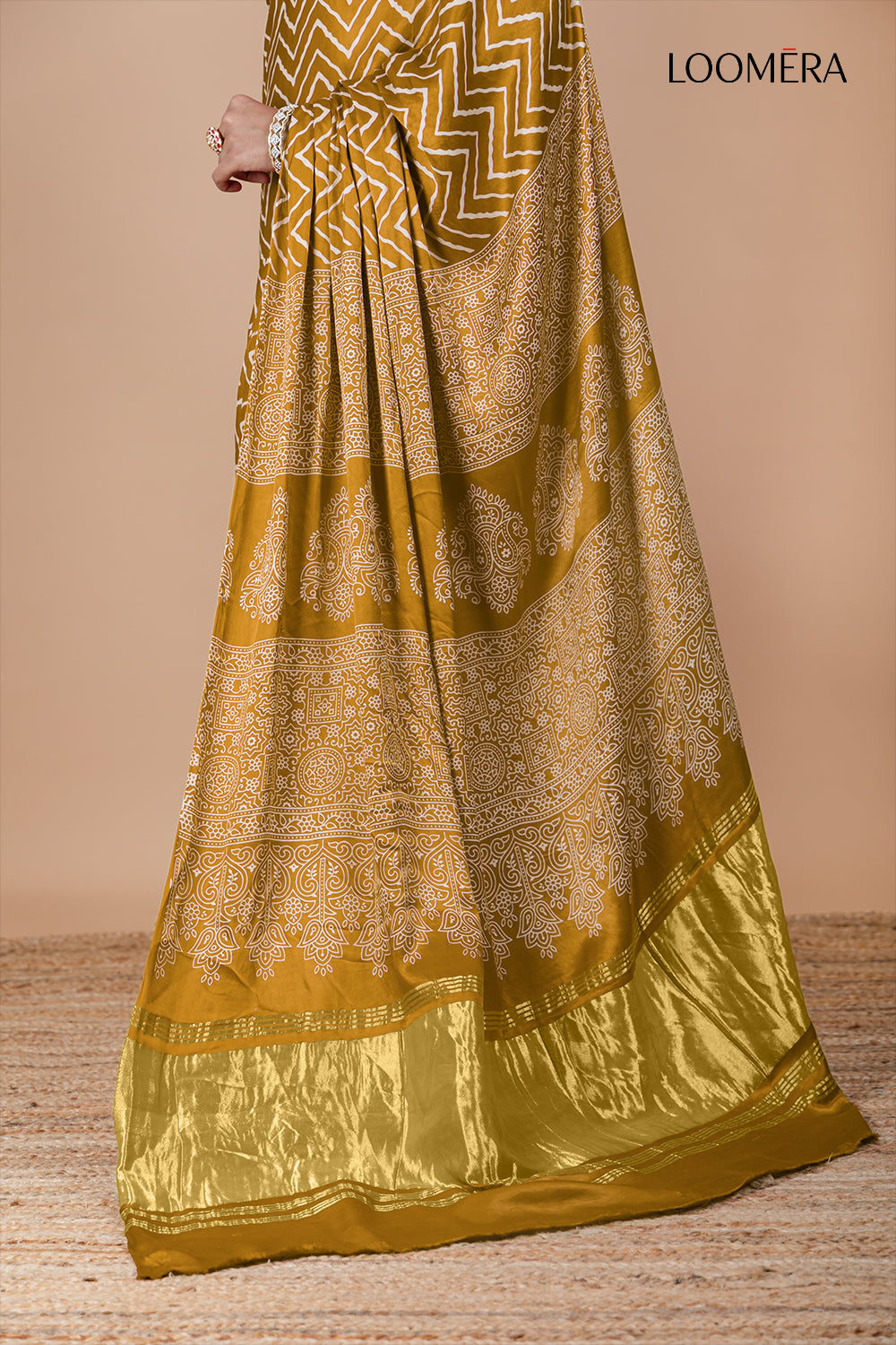 Ajrakh Modal Silk Saree Arrowwood Yellow