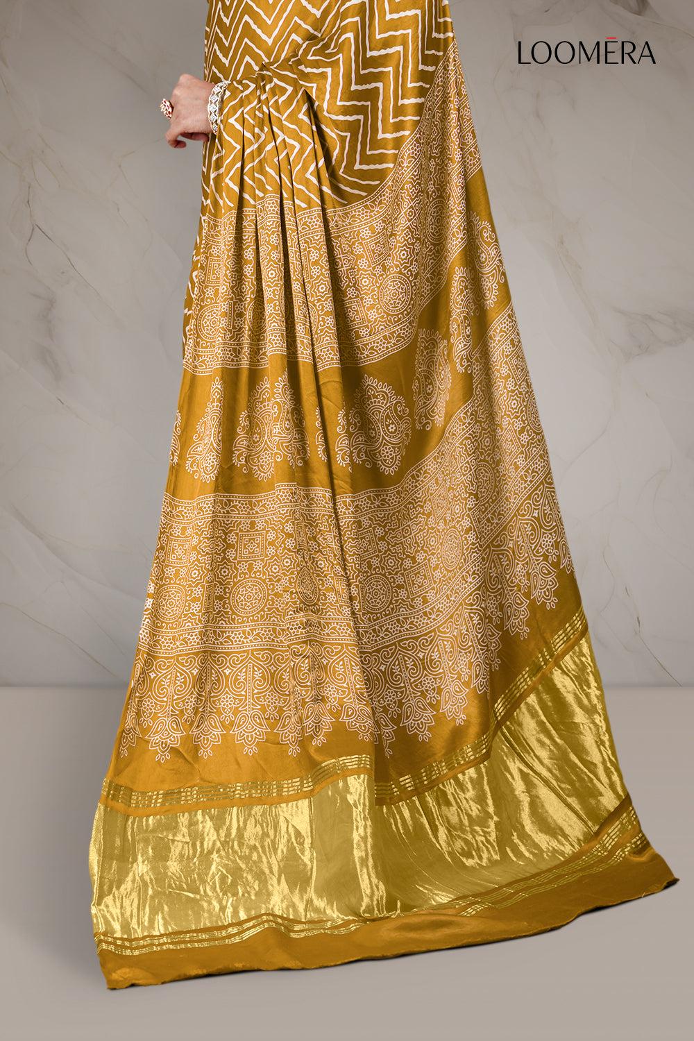 Ajrakh Modal Silk Saree Arrowwood Yellow