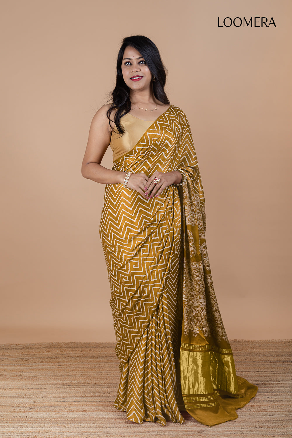 Arrowwood Yellow Ajrakh Modal Silk Saree with Hand Block Print