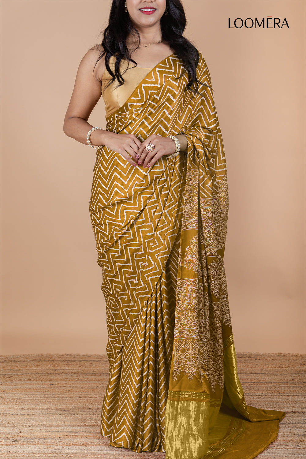 Arrowwood Yellow Ajrakh Modal Silk Saree