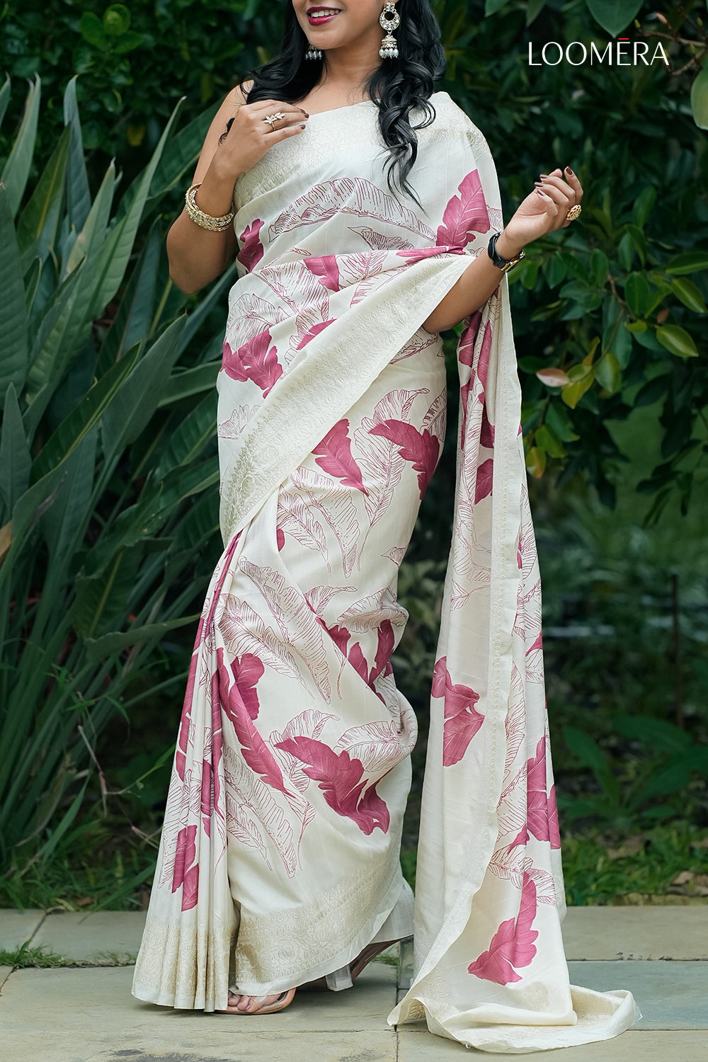 Beige Saree with Leaf Print