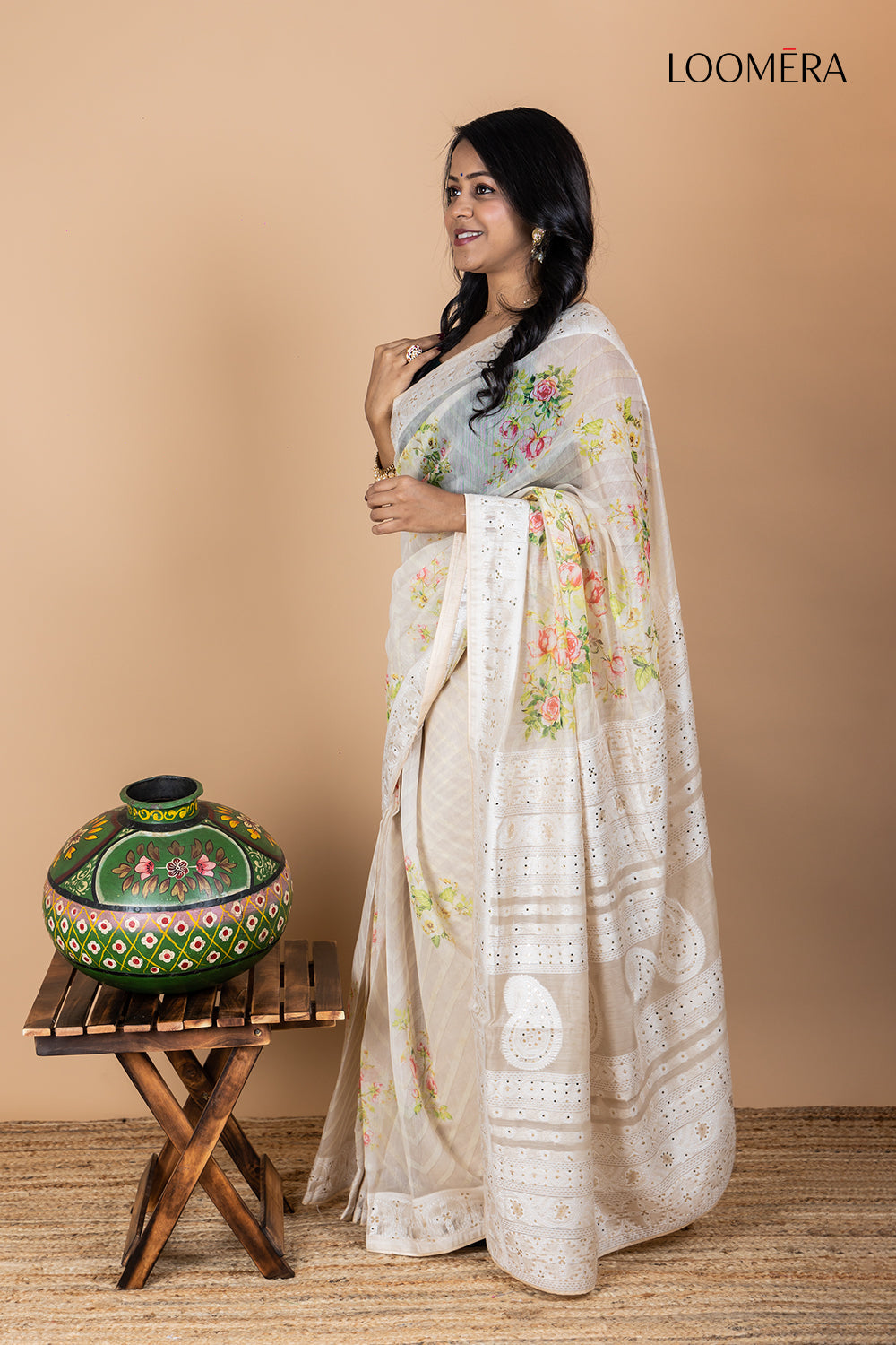 Beige Saree with Mirror Design Border