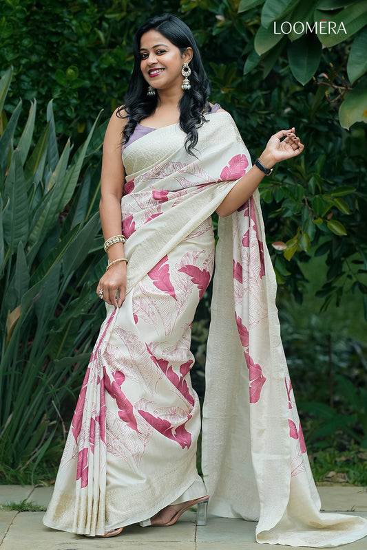 Beige Saree with Pink Leaf Print