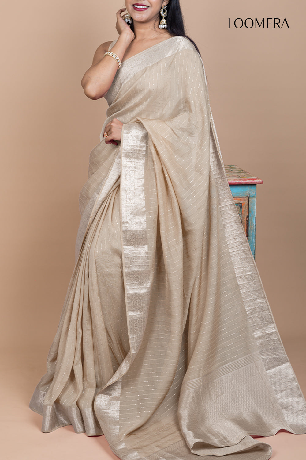 Beige Sequin Saree