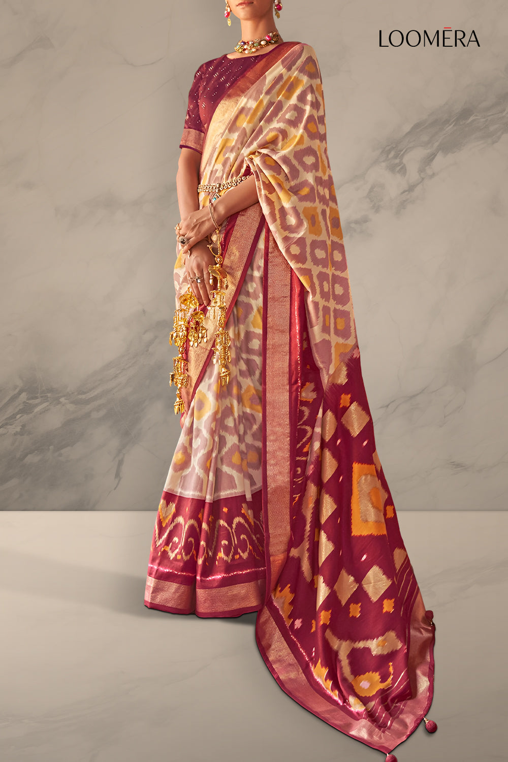 Beige and Maroon Viscose Saree