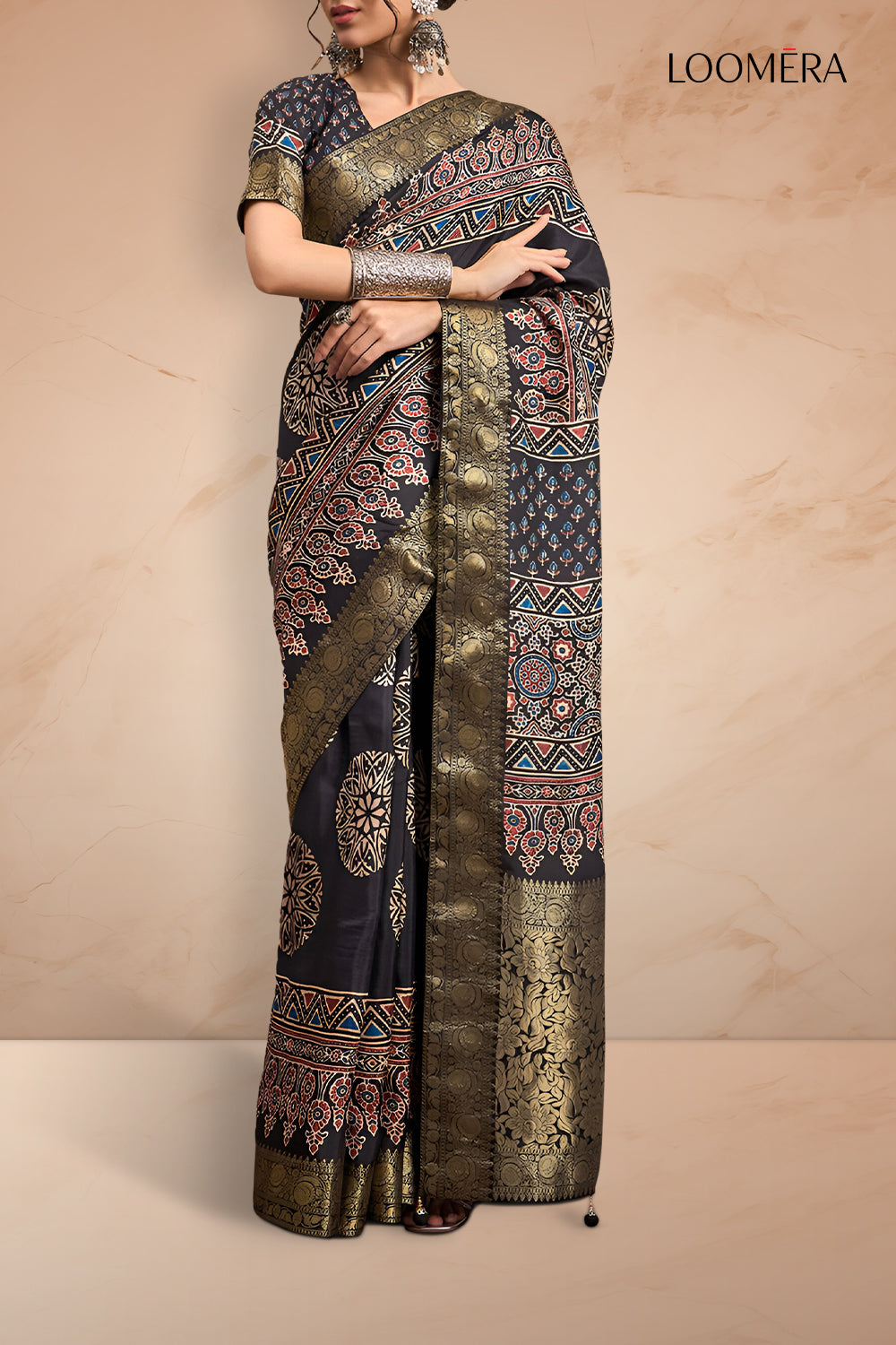 Black Ajrakh Viscose Jari Saree