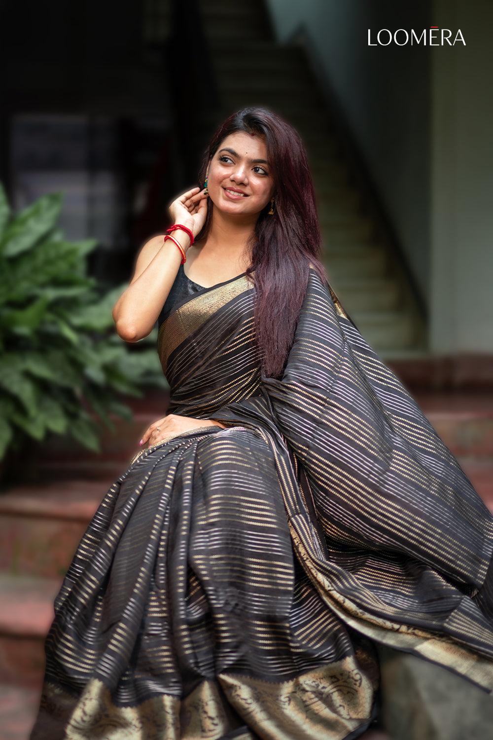 Black Dola Silk Saree with Stripes