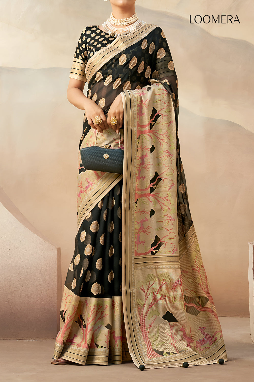 Black Georgette Saree With Jacquard Butta Design
