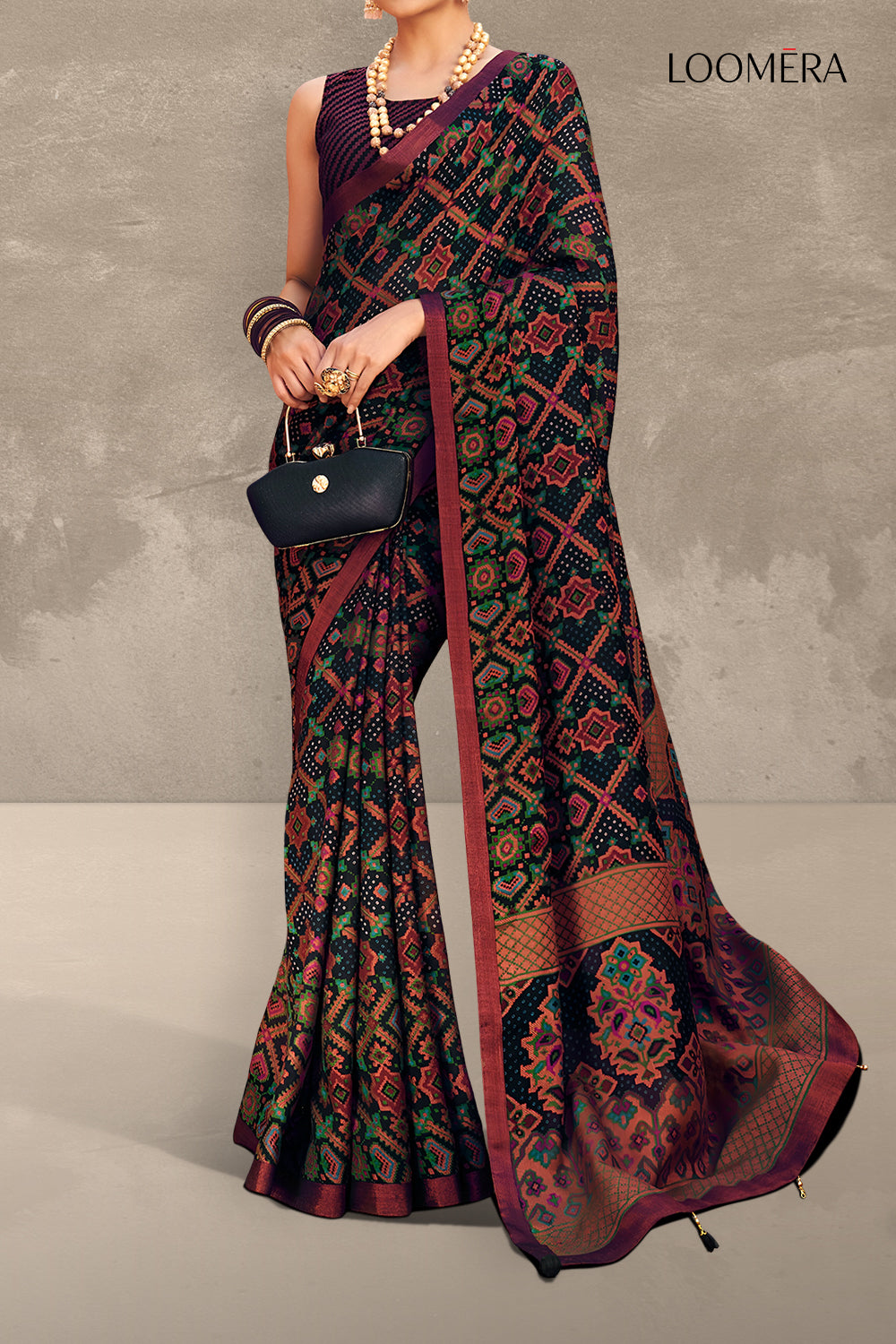 Black Georgette Saree with Multicolor Prints