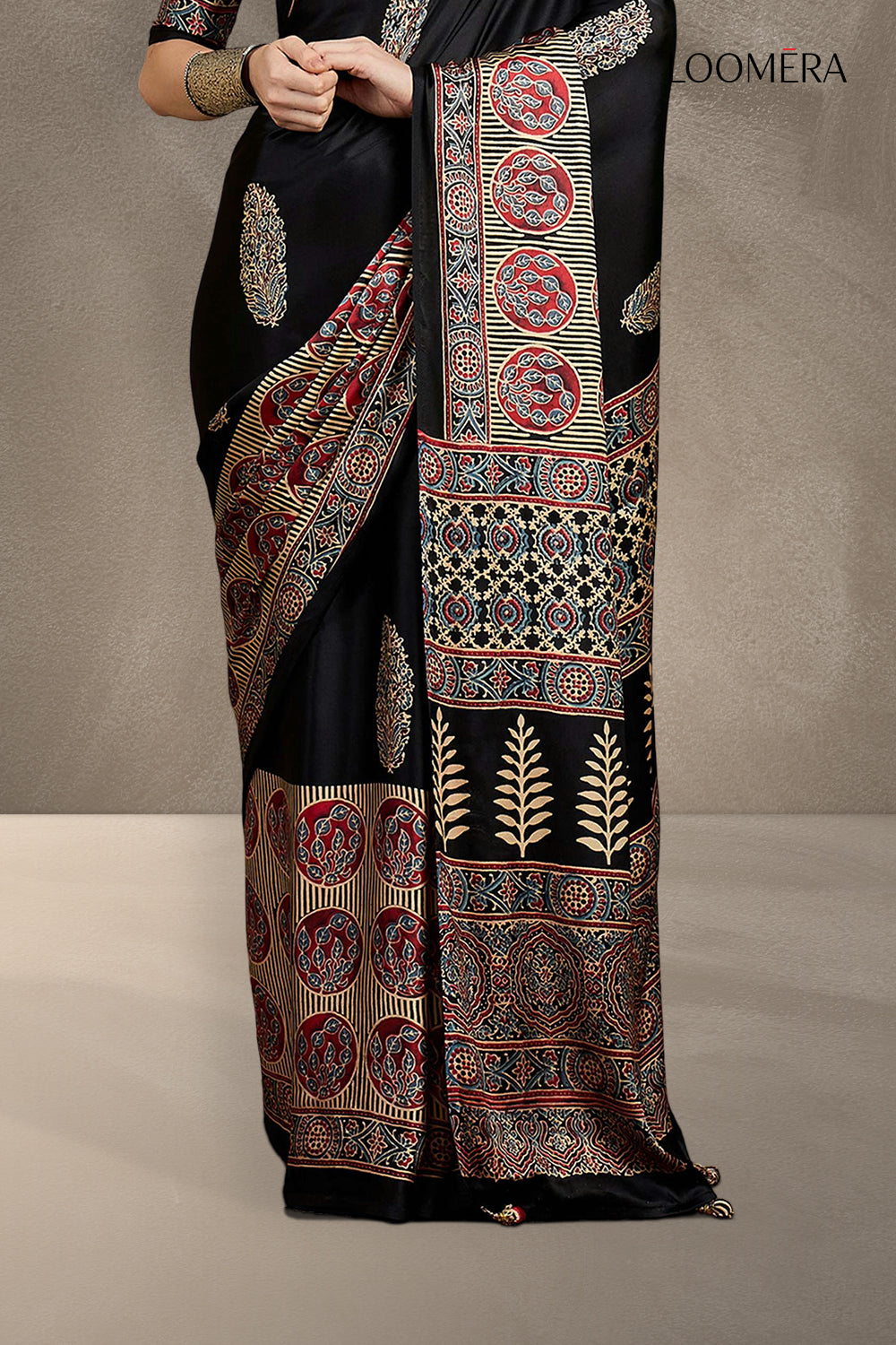 Black Modal Gaji Silk Saree with Ajrakh Prints
