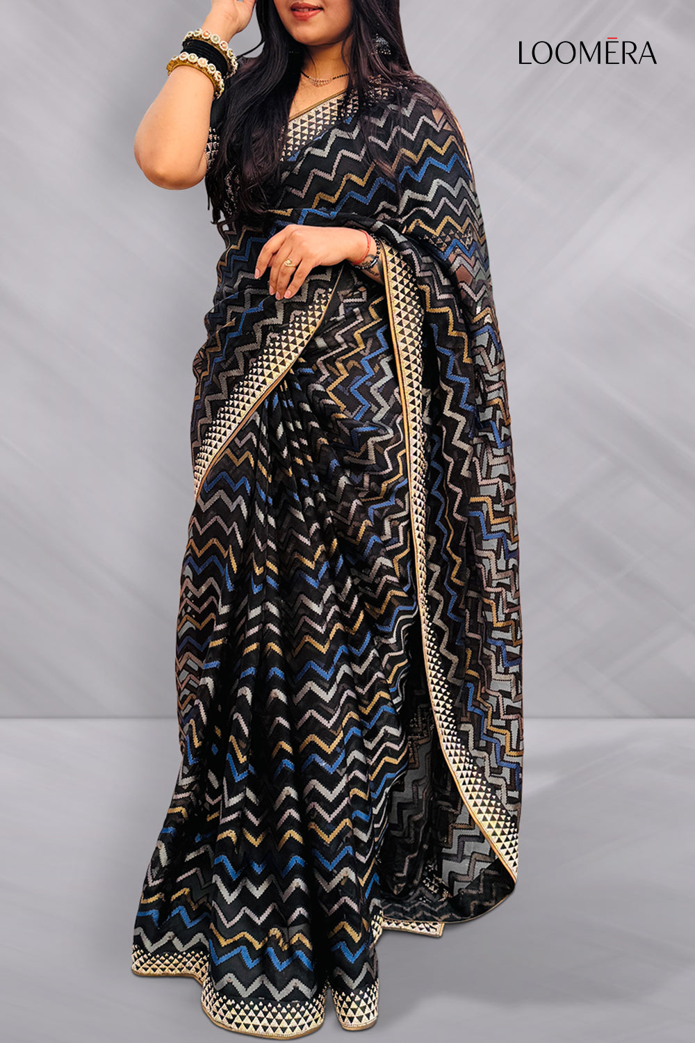 Black Organza Saree with Stone Border