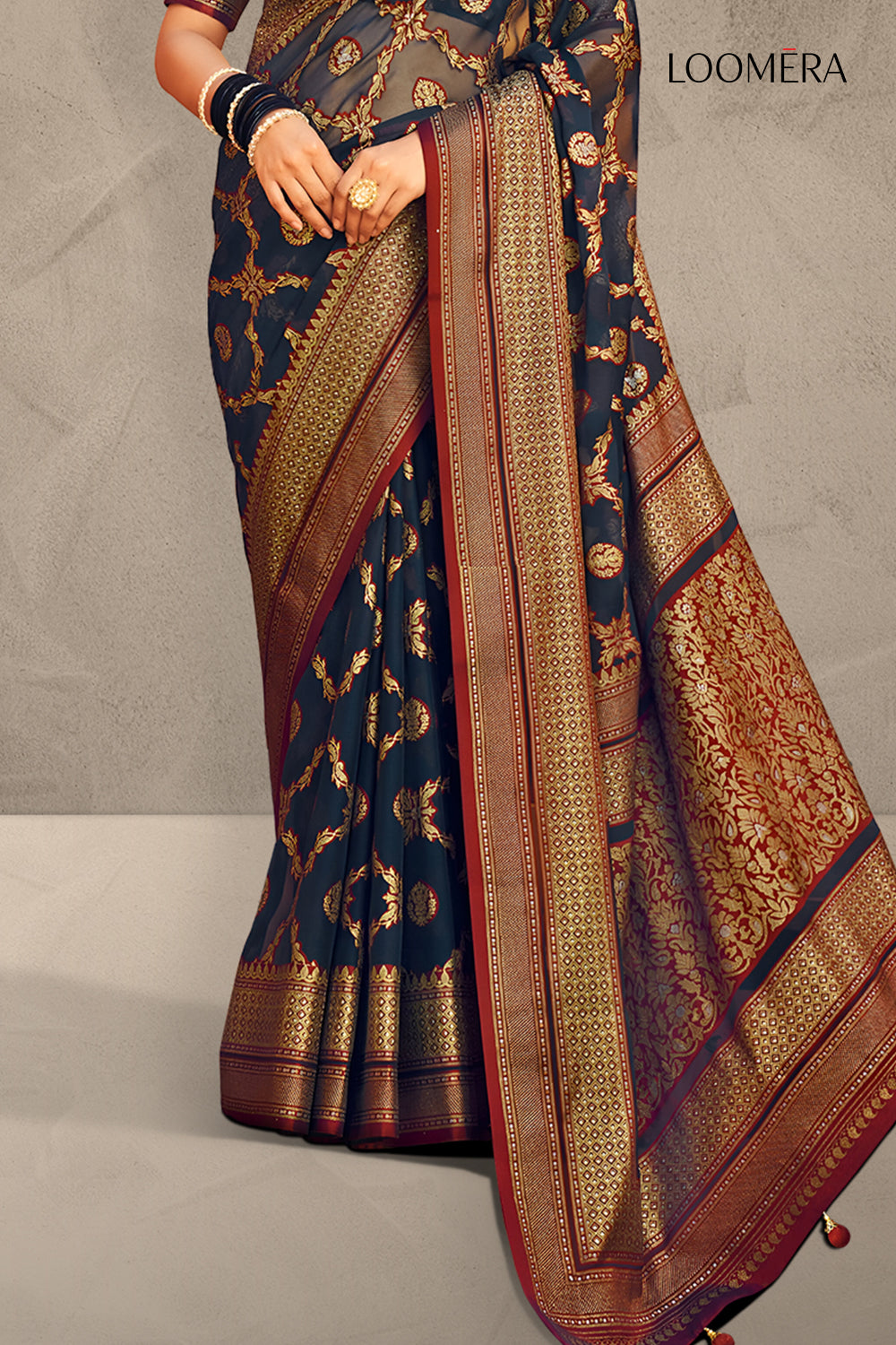 Black Saree With Gold Foil Print