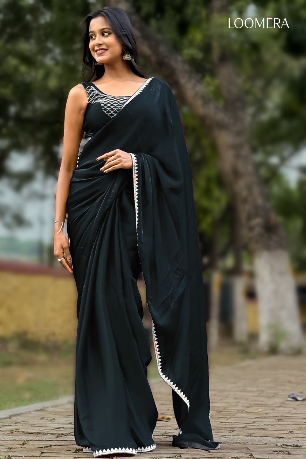 Black Satin Saree with Stone Work