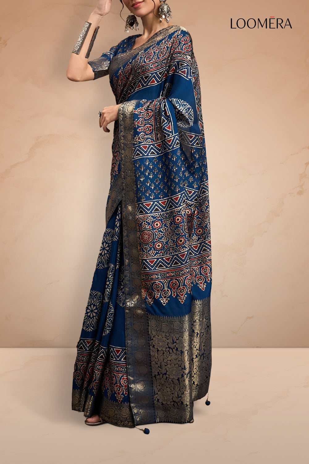 Blue Ajrakh Viscose Jari Saree