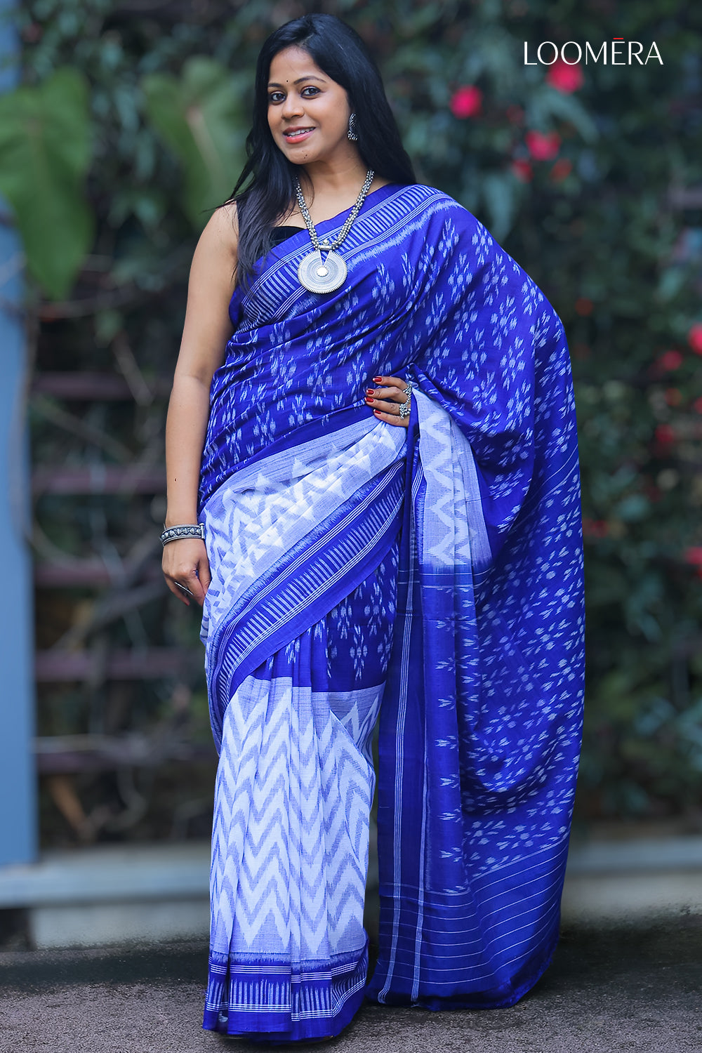Blue and White Ikat Print Saree