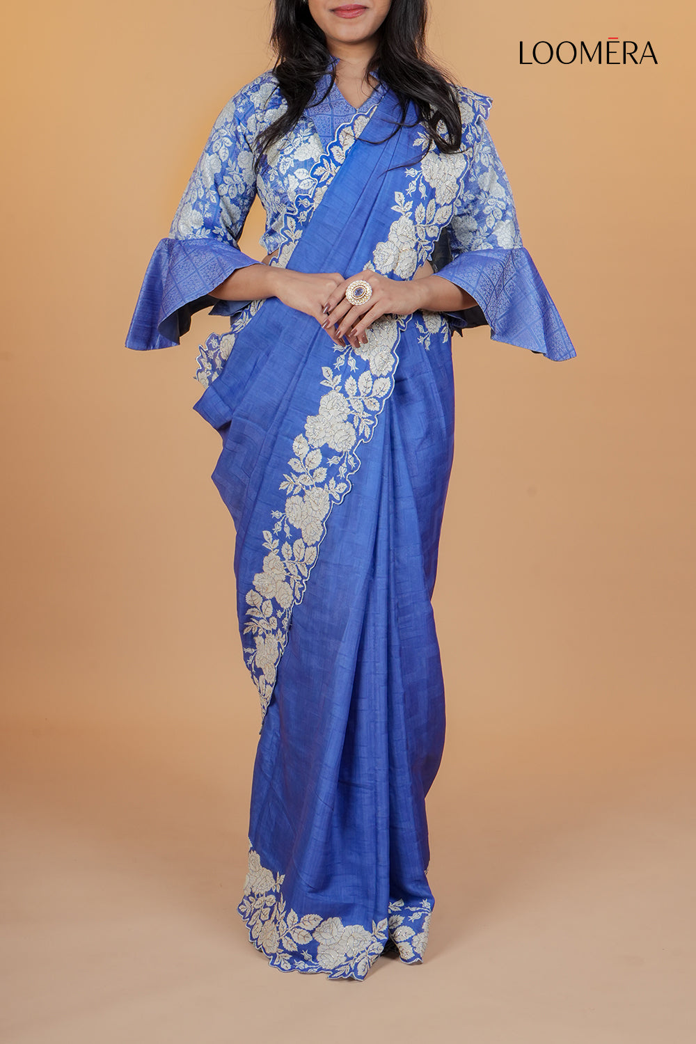 Blue Embroidered Saree with Readymade Blouse