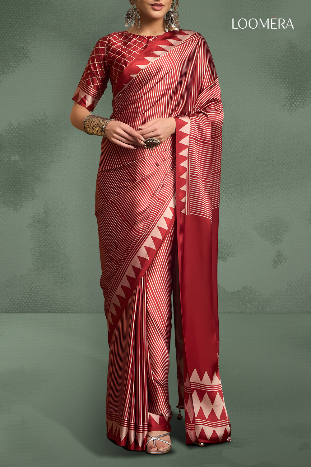 Brick Red Saree with Ajrakh Prints