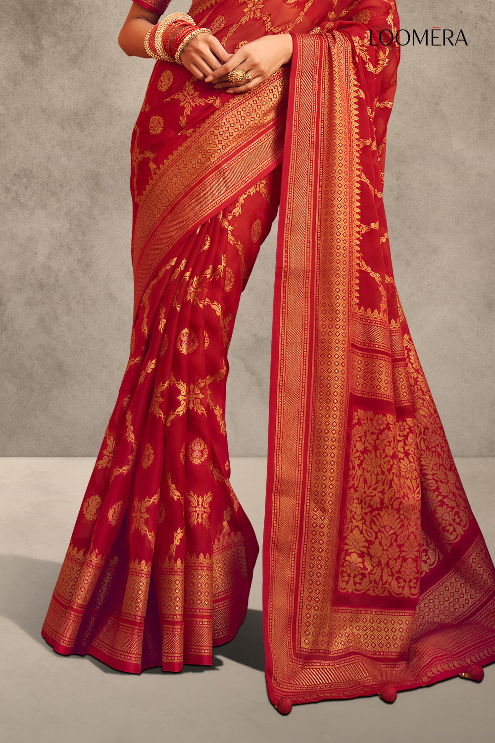 Crimson Red Saree with Gold Foil Print