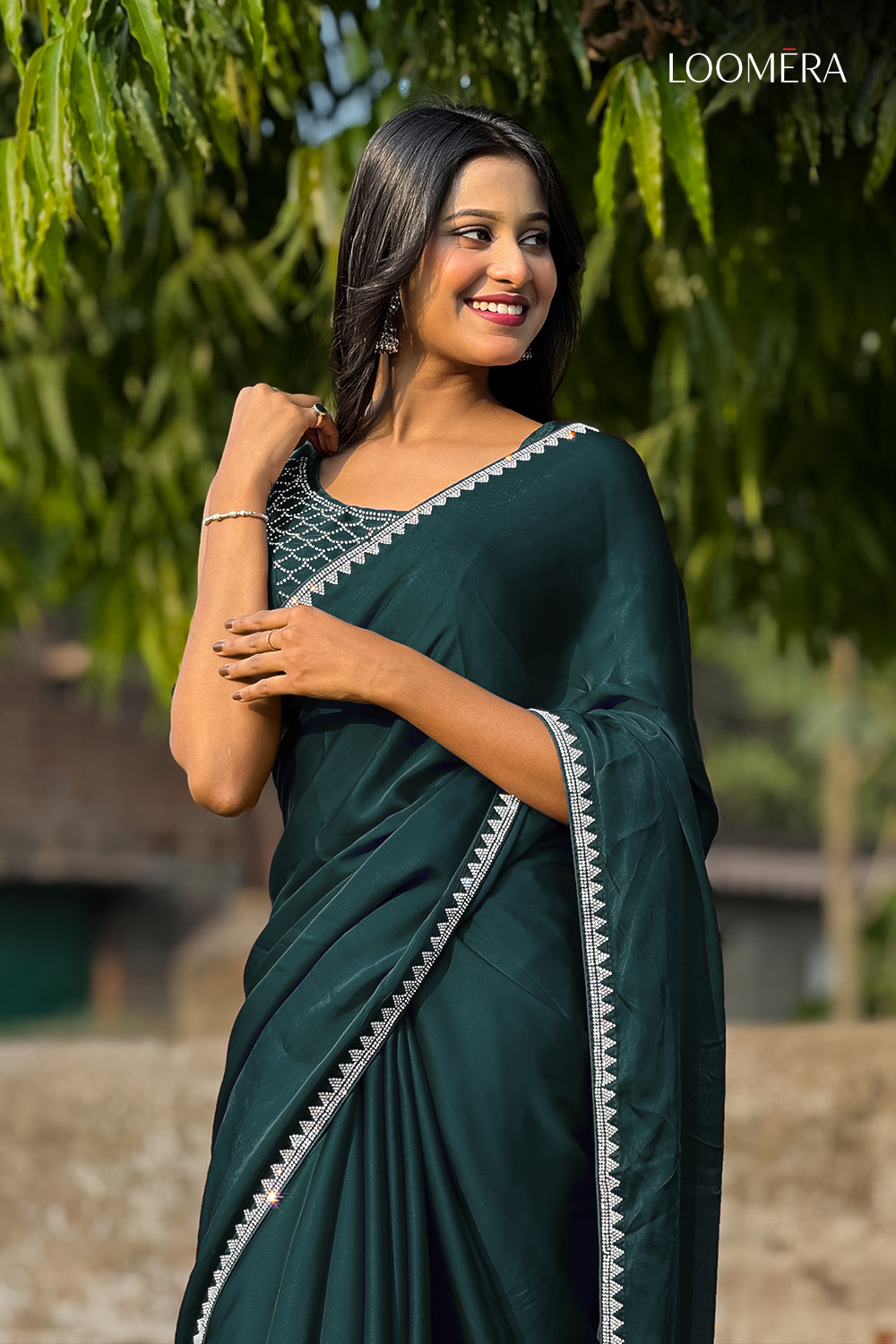 Dark Green Satin Saree with Stone Work