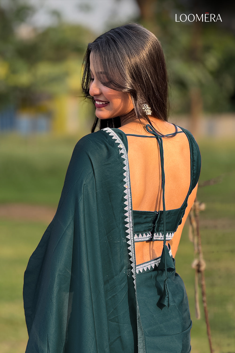 Dark Green Satin Saree with Blouse Piece