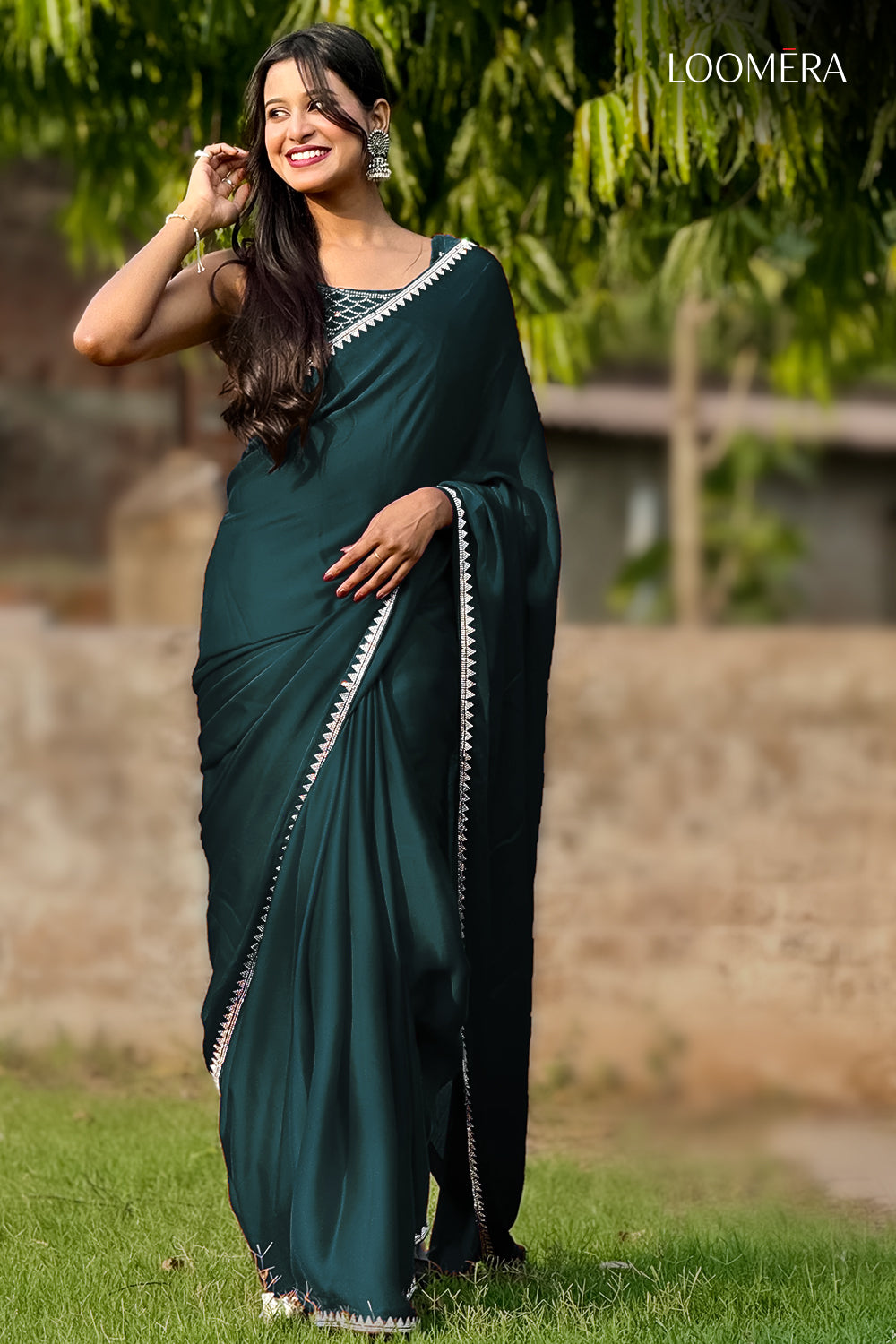 Dark Green Satin Saree