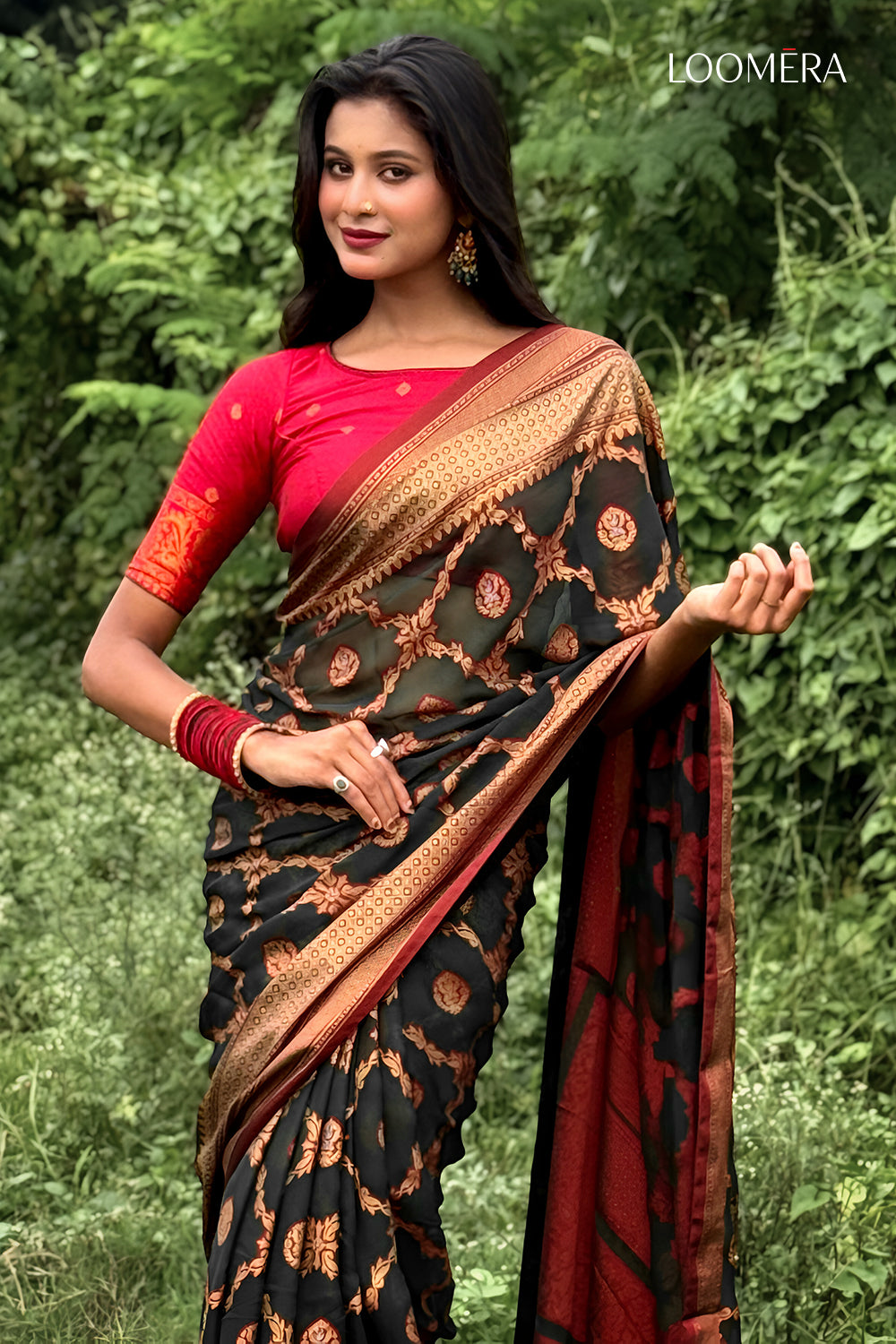 Dark Navy Blue Saree Foil Print