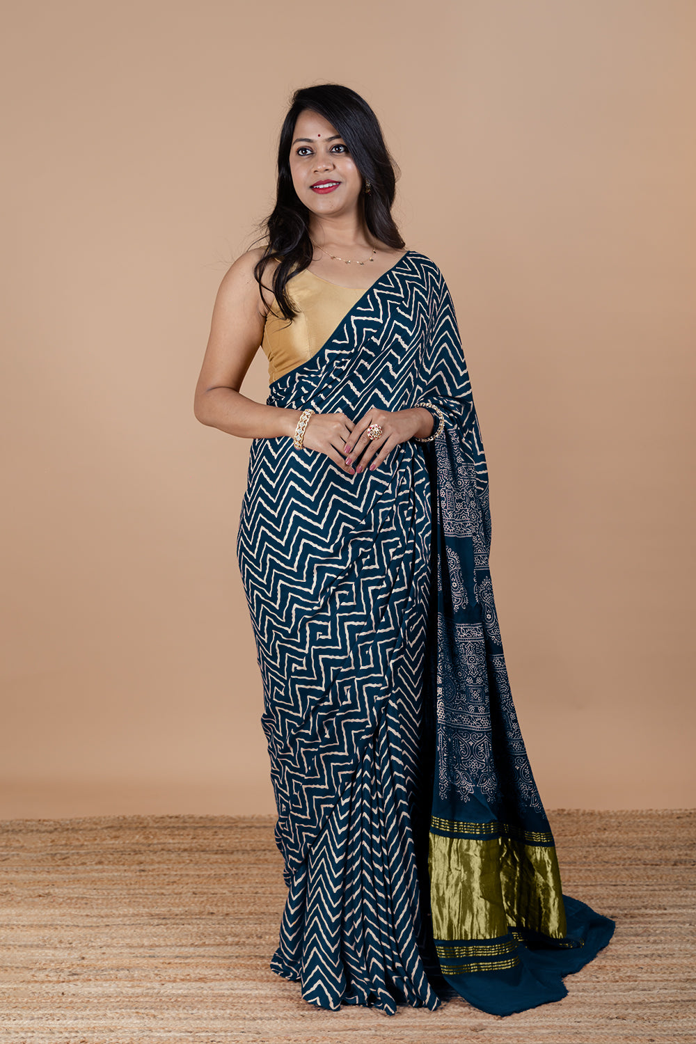 Deep Blue Ajrakh Saree with Block Print