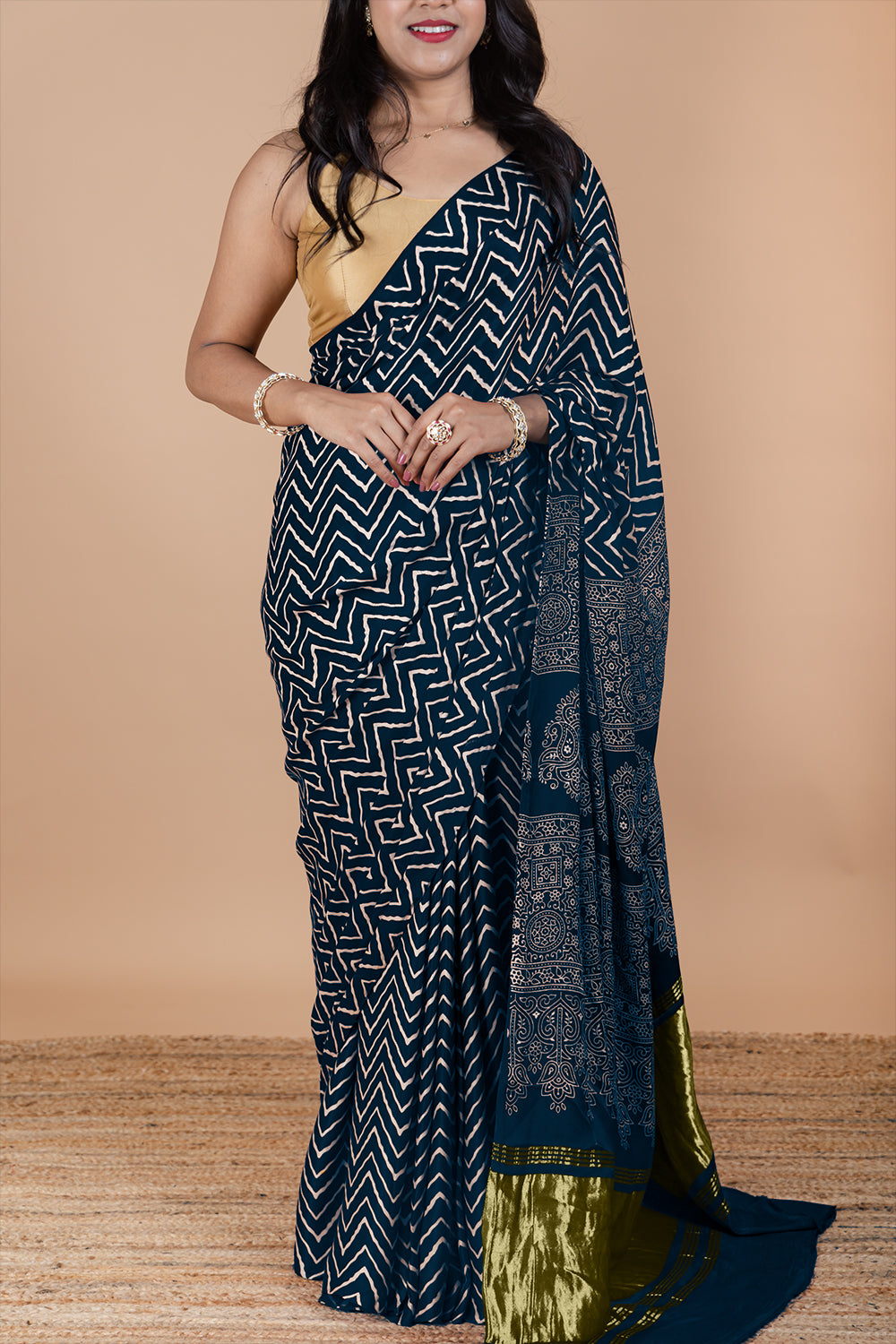 Deep Blue Modal Saree with Hand Block Print