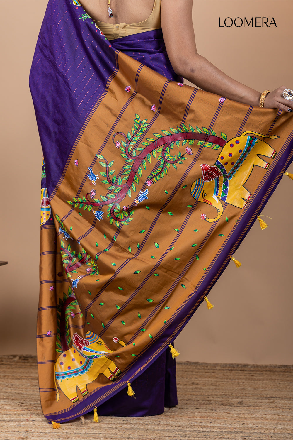 Elephant Motif Handpainted Indigo Saree