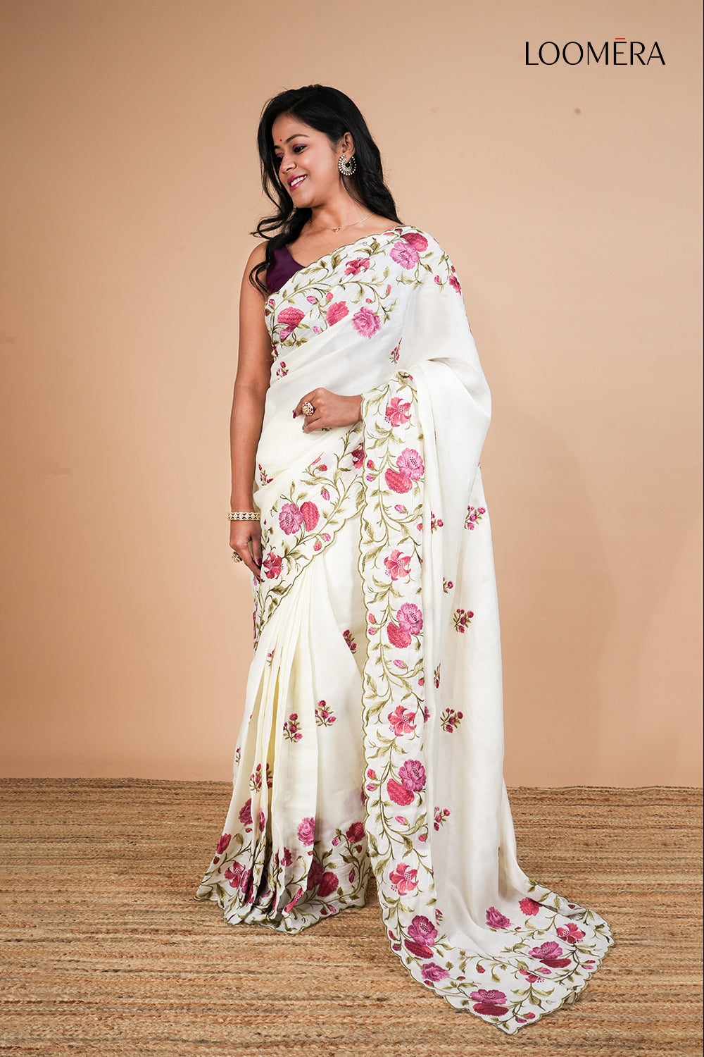 Floral Embroidered Off White Tussar Silk Saree