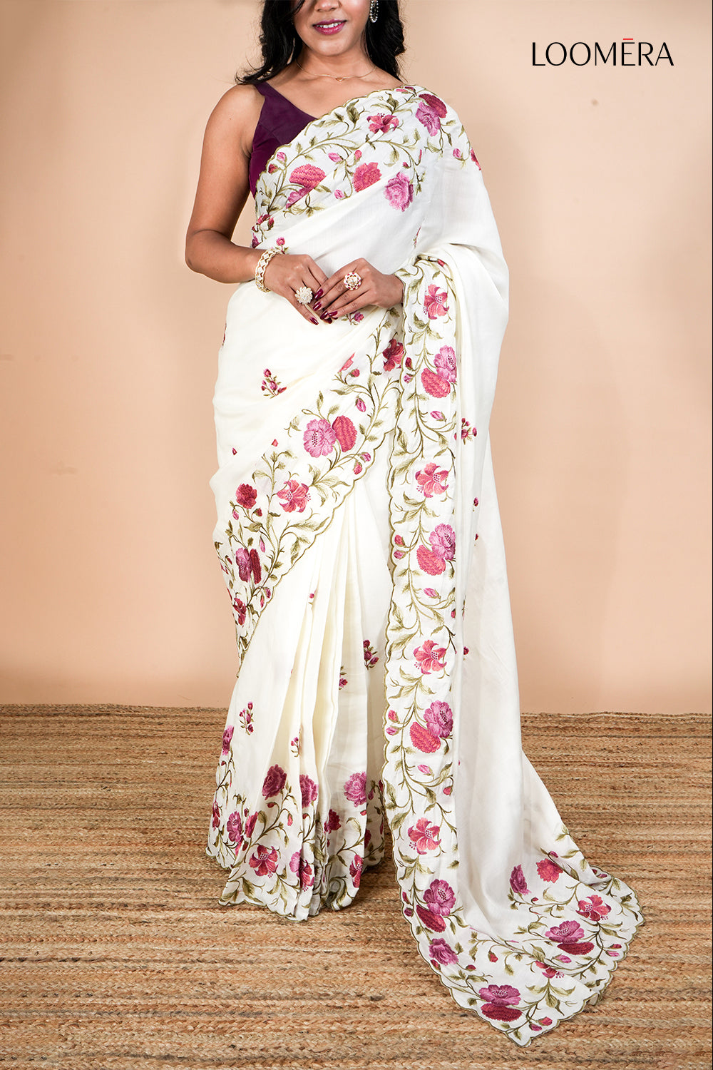 Floral Embroidered Tussar Silk Saree