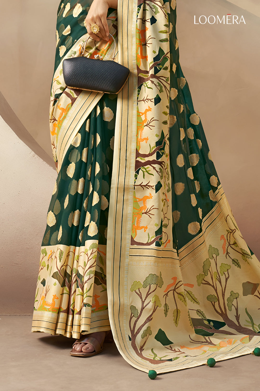 Forest Green Georgette Saree With Jacquard Butta Design
