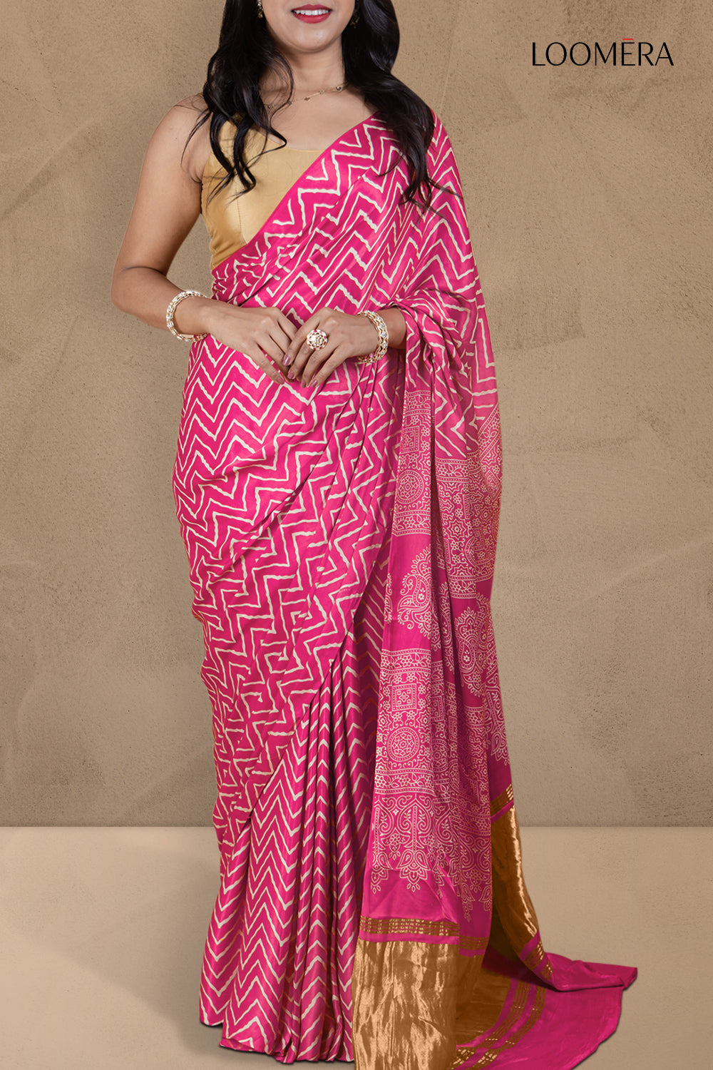 Fuchsia Pink Hand Block Print Saree