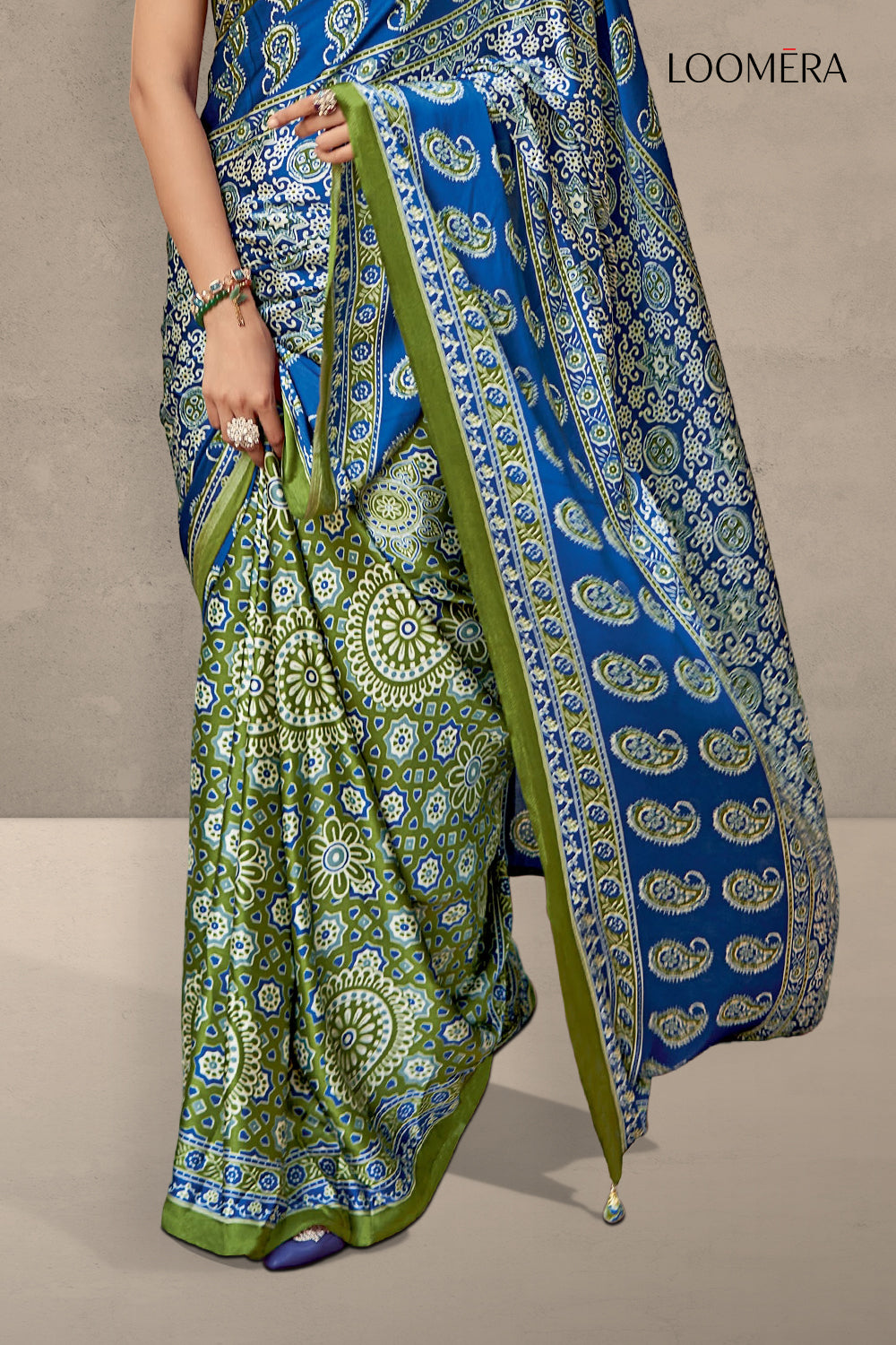 Green and Blue Ajrakh Print Saree
