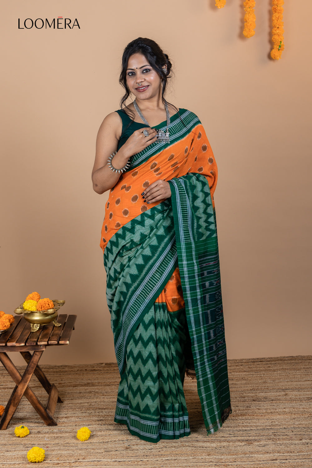 Green and Orange Ikat Saree