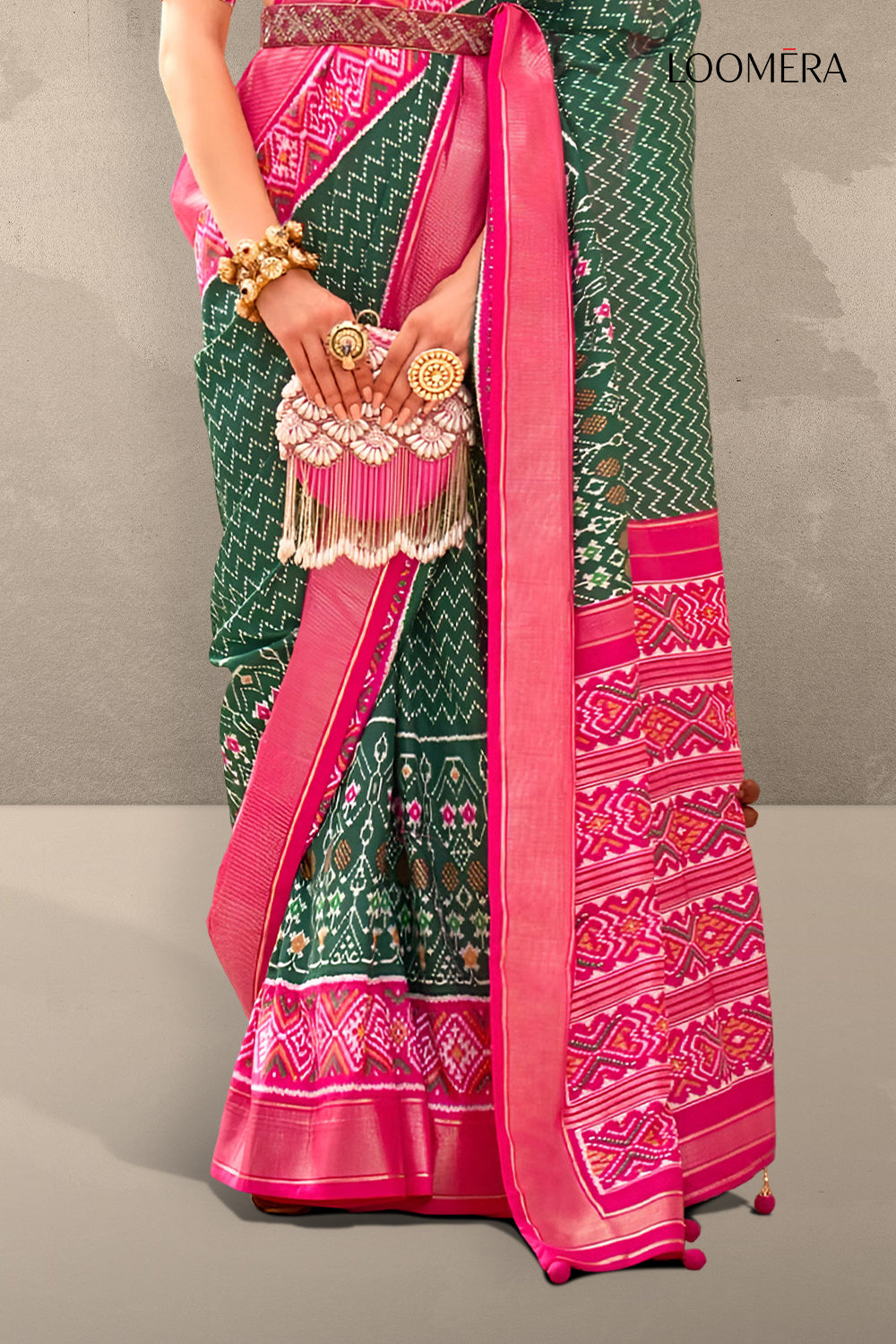 Green and Pink Printed Saree with Gold Border