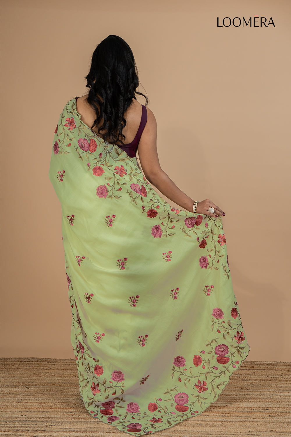 Green Embroidered Tussar Saree with Scallop Border