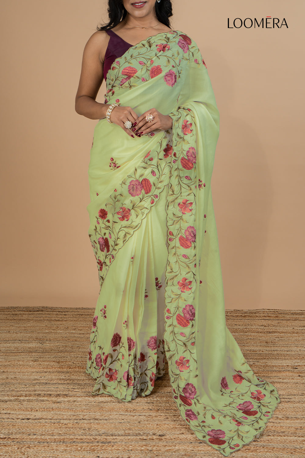 Green Embroidered Tussar Silk Saree with Scallop Border