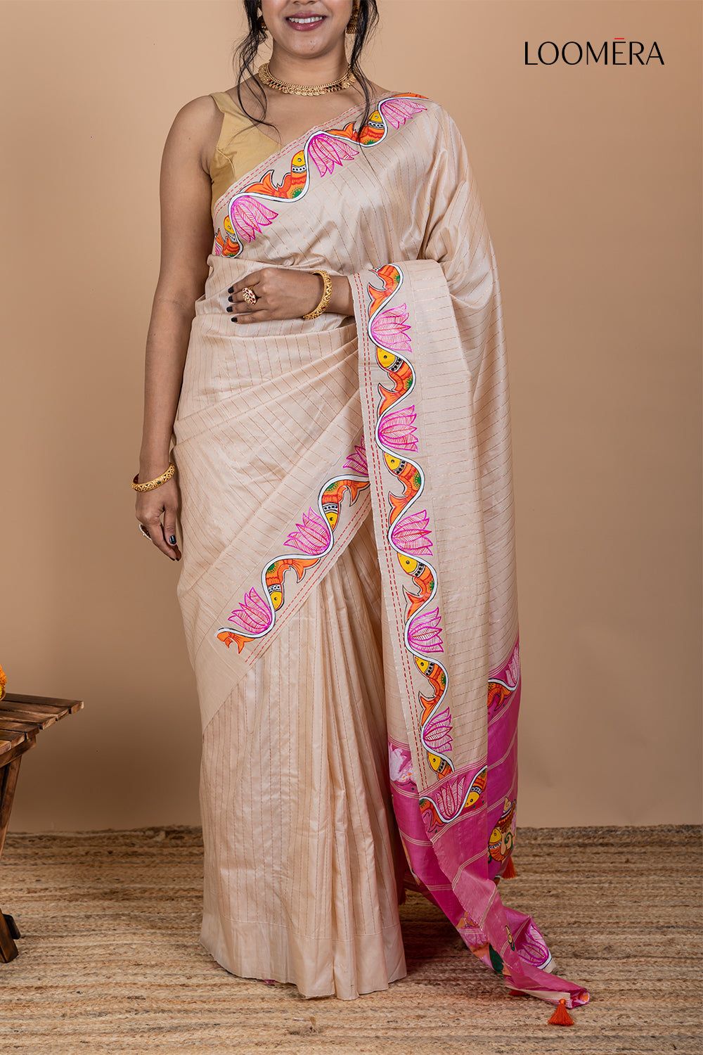 Light Pink Handpainted Semi Silk Saree