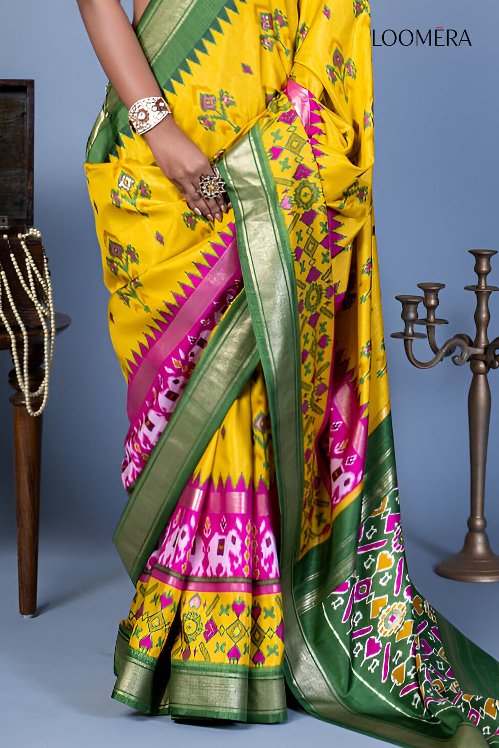 Marigold Yellow Patola Saree With Green Zari Border