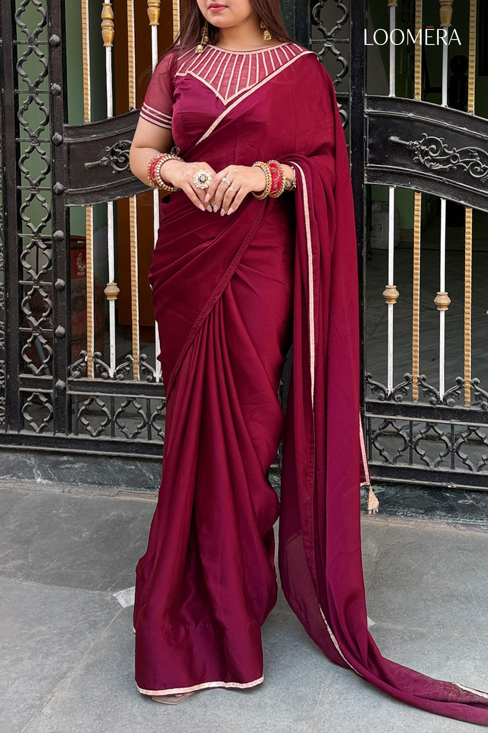 Maroon Satin Saree with Readymade Blouse