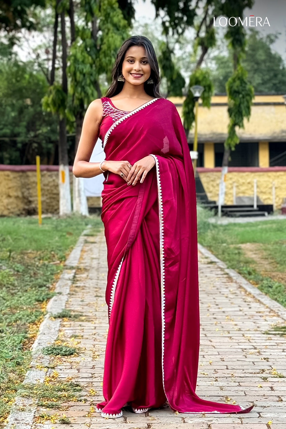 Maroon Satin Saree with Blouse Piece