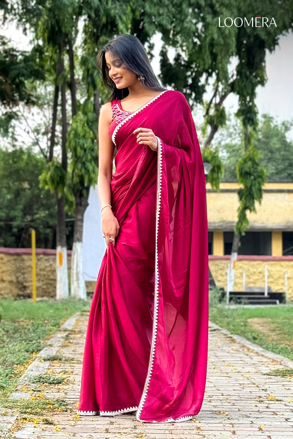 Maroon Satin Saree with Stone Work