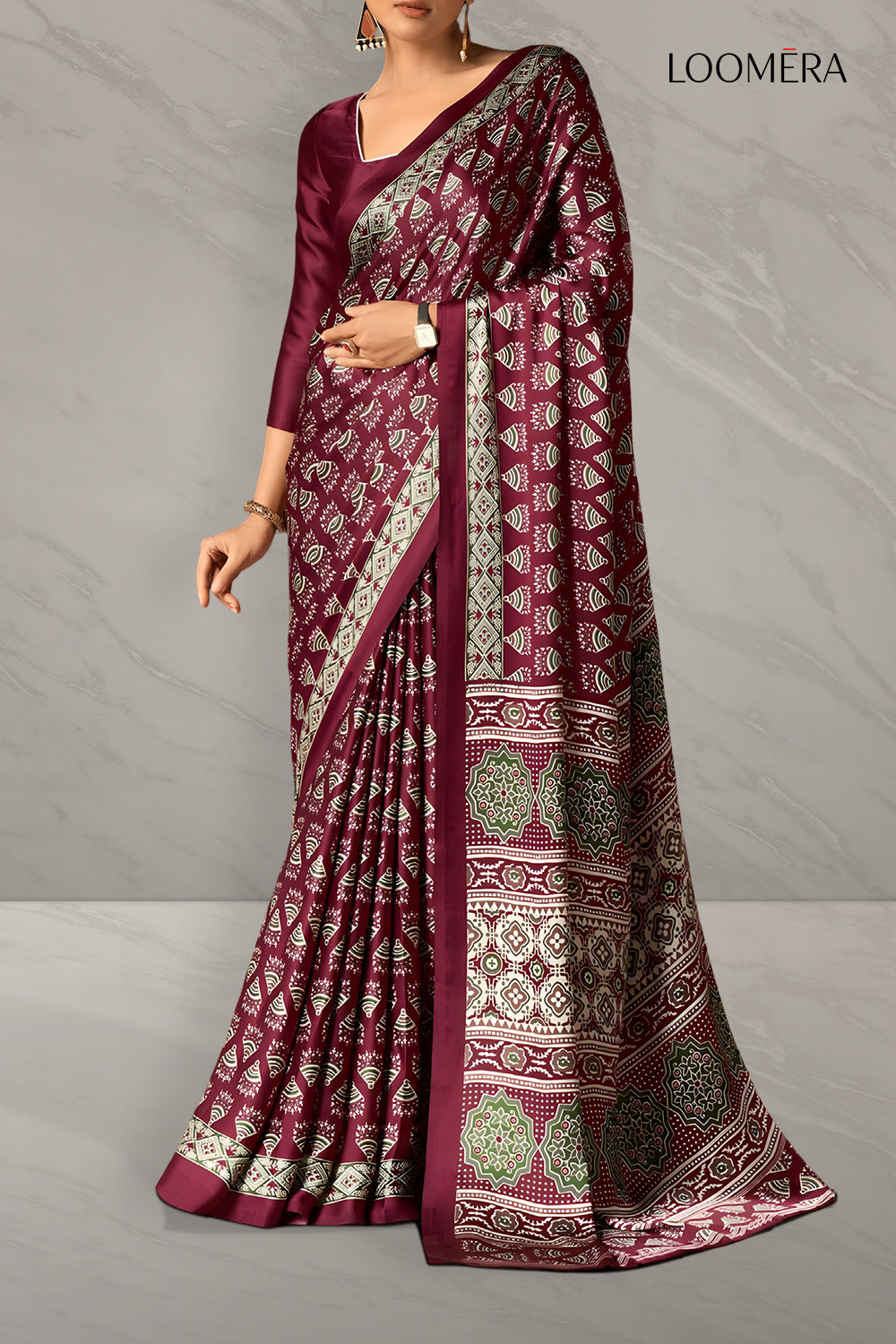 Maroon Soft Modal Silk Saree with Ajrakh Prints
