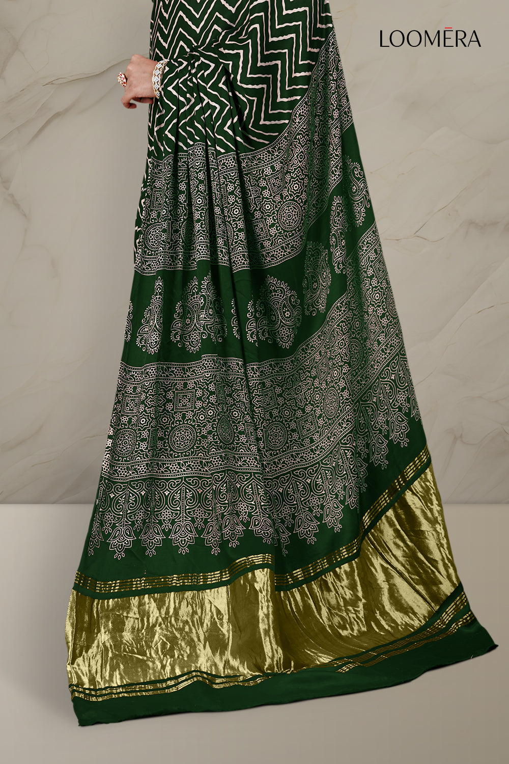 Modal Silk Ajrakh Saree Dark Green